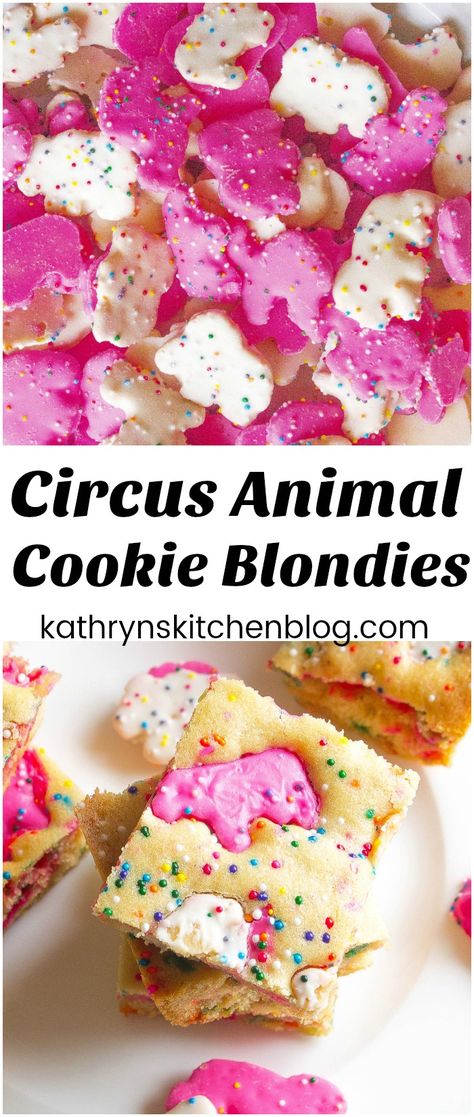 These soft and chewy Circus Animal Cookie Blondies are buttery and sweet. Pieces of the famous Circus Animal Cookies are in each bite! #circusanimalcookies #blondies #circusanimals #sprinkles #dessert #cookiebars #frostedanimalcookies #animalcookies #bars Circus Animal Blondies, Circus Animal Cookie Dip, Crumble Cookie Copycat Recipe Circus Animal, Frosted Circus Animal Cookies, Circus Animal Cookie Cake, Mini Tart, Sprinkle Cookies, Dessert Bar Recipe, Animal Cookies