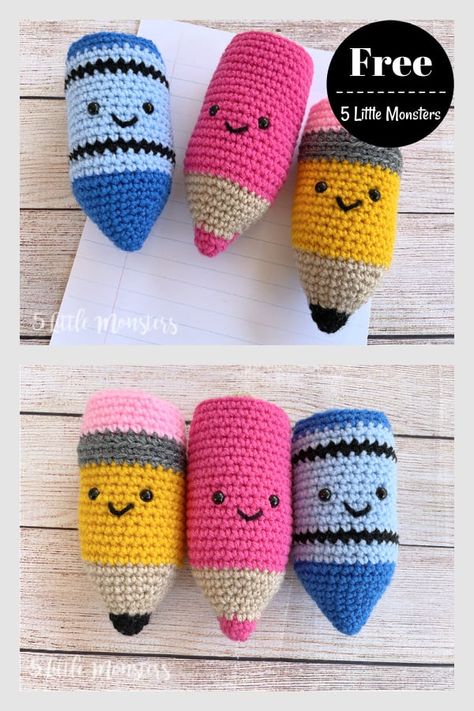 Pencil Amigurumi Free Pattern, Crochet Pencil Keychain, Pencil Crochet Pattern Free, Crochet Pencil Pattern, Crochet Machine Products, Crayon Crochet Free Pattern, Unique Crochet Amigurumi, Crochet Crayons Free Pattern, Crochet School Stuff