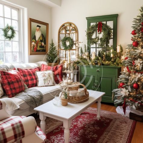 This wonderful Christmas Living Room stock image/ multi-use mockup photo features a French Country Cottage aesthetic with red, white & green decor. Vibe: French Country, Cozy, Warm, Country, Classic, Pretty, Cottagecore, Festive, Christmas, Holiday THIS IMAGE IS ALSO AVAILABLE IN THESE BUNDLES: + Our 'Full House' French Country Christmas Cottage Red, White & Green Bundle of 72 images:  https://www.etsy.com/listing/1581058121/whole-house-bundle-72-stock-images  + Our bundle of 12 French Country Christmas Cottage Red, White & Green Living Rooms here: https://www.etsy.com/listing/1581095961/french-country-cottage-christmas-living The perfect vessel to showcase your brand! Our mockups/stock images are simple to use - just add your graphic, make any edits you need for the most realistic aesthet Christmas Wall Unit Decor, Country French Christmas Decorating, Sunroom Christmas Decor, Red And White Christmas Decor Living Room, Small Country Living Room, English Cottage Christmas Decor, Vintage Christmas Decorations Farmhouse, Rustic French Country Living Room, Cozy Winter House