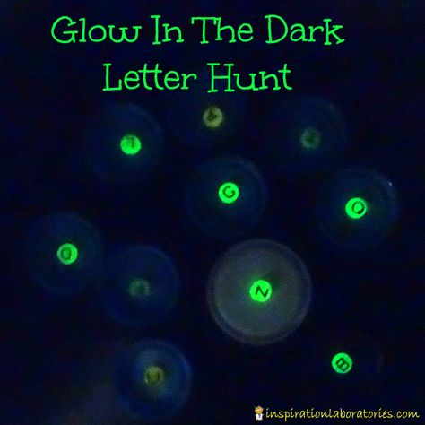 Glow in the Dark Letter Hunt - a fun way to practice letters and letter sounds Glow In The Dark Bookmarks, Glow Day Kindergarten Activities, Glow In The Dark Literacy Night, Glow Activities For Classroom, Glow Activities, Glow Stick Ideas, Space Learning, Painting Letters, Letter Hunt