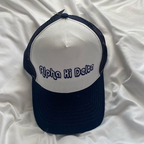 Alpha Xi Delta Sorority Trucker Hat, Navy Blue And White Never Worn Leather Cowboy Hats, Delta Sorority, Floppy Beach Hat, Cabbie Hat, Alpha Xi Delta, Alpha Xi, White Beanies, Running Hats, Jcrew Collection