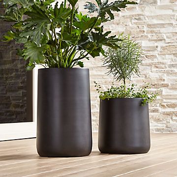 Outdoor Planters, Pots and Garden Tools | Crate and Barrel Front Door Planters Porch, Crate And Barrel Planters, Black Pots Planters, 4 Season Sunroom Ideas Room Additions, Simple Rock Landscaping Ideas, Large Deck Decorating Ideas, Tall Planters Front Door, Modern Outdoor Planters, Diy Planters Indoor