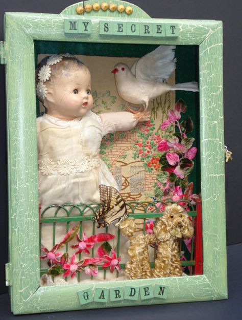 Karen Silver Bloom Shadow box but similar could be created in a found box, such as wooden cigar box. Add a thrift store frame. Altered Box, Box Assemblage, Keepsake Ideas, Memory Board, Collection Display, 3d Shadow Box, Found Object Art, Altered Boxes, Doll Display