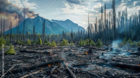 View of forest damage due to illegal logging. With smoke from burning land. Illegal Logging, Nature Forest, Adobe Stock, South America, Free Images, North America, Stock Illustration, Acrylic Painting, Stock Images