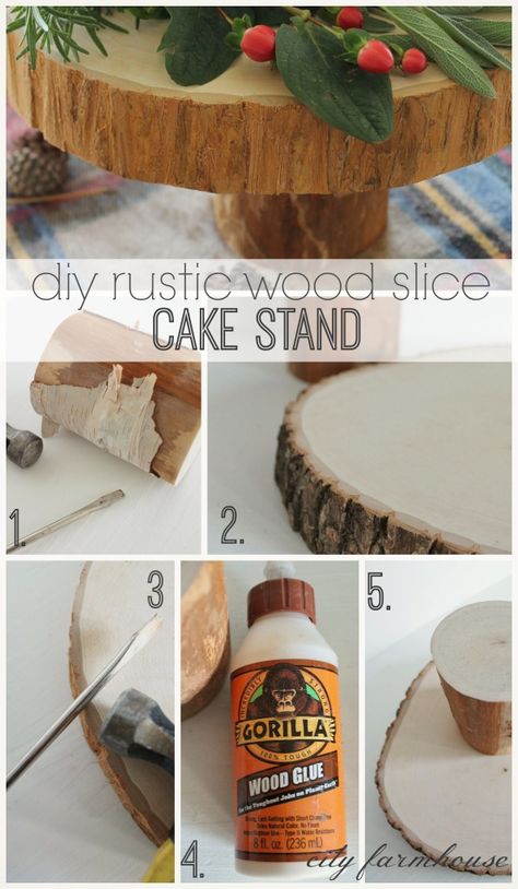 DIY Rustic Wood Cake Stand Rustic Wood Cake Stand, Thanksgiving Table Design, Wood Slice Cake Stand, Rustic Cake Stand Wood, Wood Cupcake Stand, Diy Cupcake Stand, Rustic Cake Stands, Diy Dessert, Diy Cake Stand