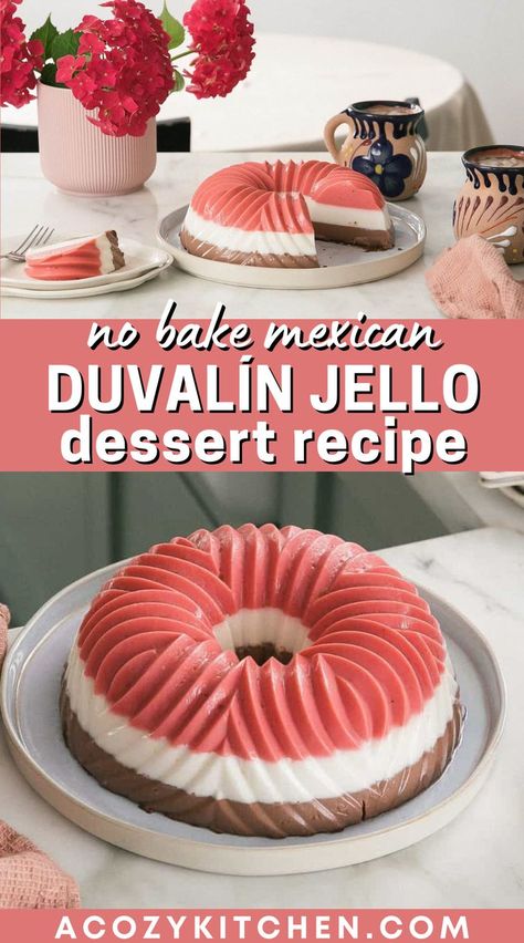 Duvalín Jello is inspired by the Mexican candy Duvalín. This is a chilled jello that has a layer of strawberry, vanilla and lastly, delicious, rich hazelnut chocolate. It’s the perfect no-bake dessert recipe that is sure to be a crowd-pleaser, along with being totally gorgeous. #nobakedessertrecipes #mexicandesserts #homemadejello Mexican Jello, Mexican Jello Recipe, Strawberry Jello Dessert, Dessert Bar Party, Jello Mold Recipes, Jello Dessert, Jello Dessert Recipes, Jello Cake, Gelatin Recipes