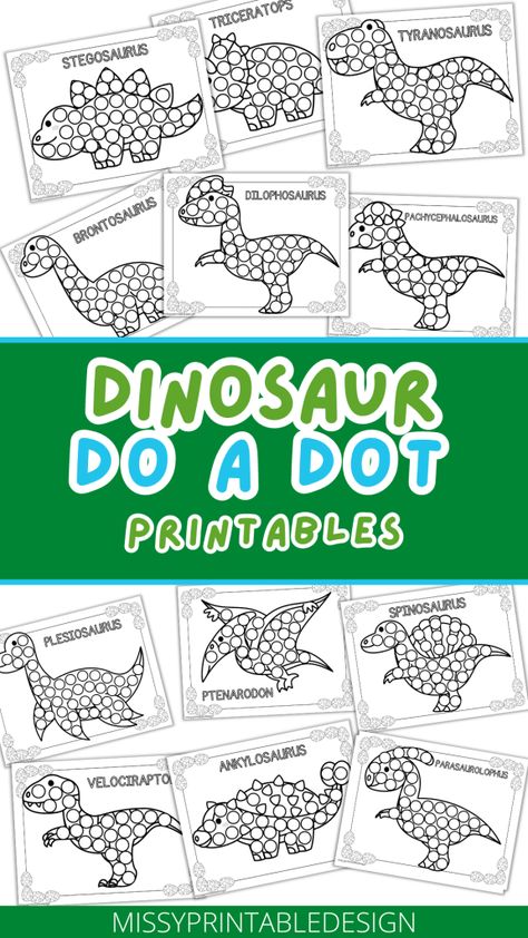 Free Printable Dinosaur Dot Marker Pages - MissyPrintableDesign Dinosaur Do A Dot Printables Free, Dinosaur Speech Therapy Activities, Dinosaur Dot Marker Printables, Dinosaur Bingo Free Printable, Prek Dinosaur Activities, Dinosaur Kids Activities, Dino Craft Preschool, Dinosaur Theme Preschool Activities, Dot Marker Printables Free