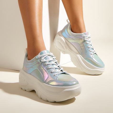 Iridescent Sporty Sneakers For Streetwear, Iridescent Synthetic Round Toe Sneakers, Iridescent Sneakers, Womens Holographic And White Puma Sneakers, Trendy Iridescent Low-top Sneakers, Trendy Iridescent Lace-up Sneakers, Walking Sneakers, Chunky Platform, Fuchsia Color