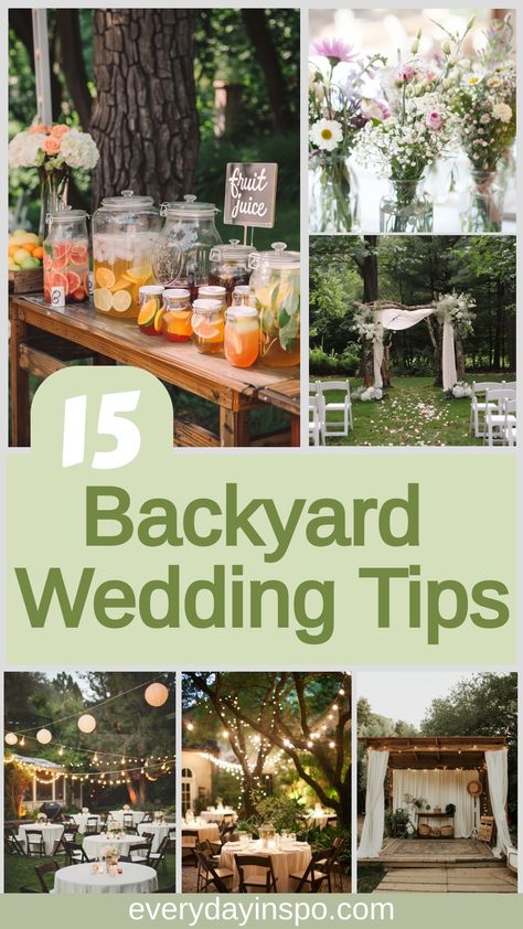 Design your perfect backyard wedding with these 15 tips for those on a budget. Backyard Wedding With Lights, Backyard Wedding Ideas On A Budget, Simple Backyard Wedding Ideas, Small Backyard Wedding Reception, Casual Garden Wedding, Small Backyard Wedding Ideas, Simple Backyard Wedding, Outdoor Reception Decorations, Backyard Wedding Decor