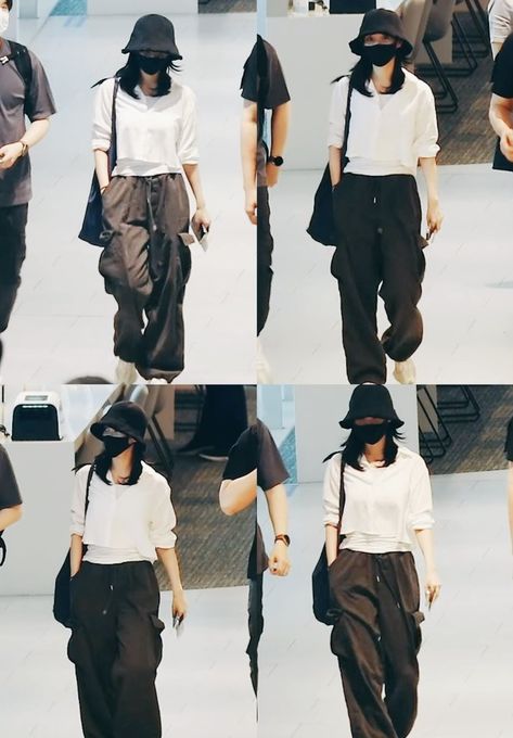 Airport Outfit Korean, Japan Summer Outfit, Iu Soloist, Airport Style Summer, Parachute Pants Outfit, Class Outfit, Outfit Korean, Iu Fashion, At The Airport