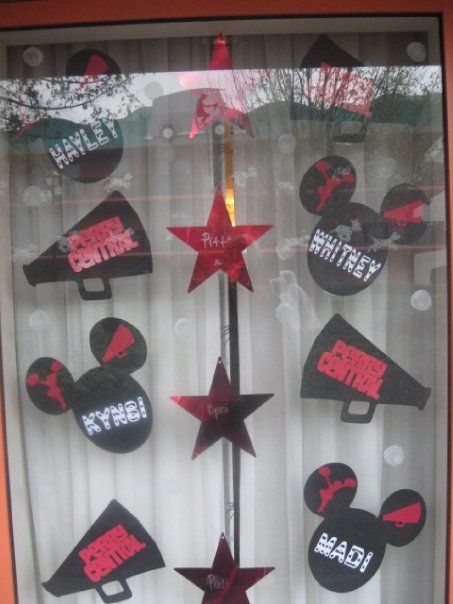 Cute idea for room decorations at Nationals Disney Cheer Window Decorations, Cheer Decorations Room, Cheer Nationals Door Decorations, Nationals Cheer Gift Ideas, D2 Summit Cheer Gifts, Cheer Room Decor, Cheer Disney, Disney Window Decoration, Cheer Summit