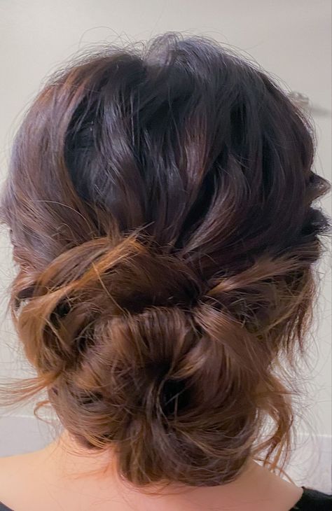 Separate curled and teased hair into 3 sections from the crown. Tie back into a low ponytail leaving the front pieces for later. Add volume by lightly pulling pieces of hair from the pony keeping everything fairly tight. Twist ponytail into two sections and pin with bobby pins. Twist remaining front pieces around the bun and pin. Front Pieces, Simple Updo, Teased Hair, Twist Ponytail, The Bun, Low Ponytail, Tie Backs, Tie Back, The Crown