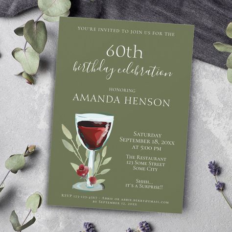 Kraft Invitation, Watercolor Party, Surprise Party Invitations, Surprise Birthday Invitations, Rustic Birthday, Birthday Wine Glass, 60th Birthday Invitations, 50th Birthday Invitations, Birthday Wine