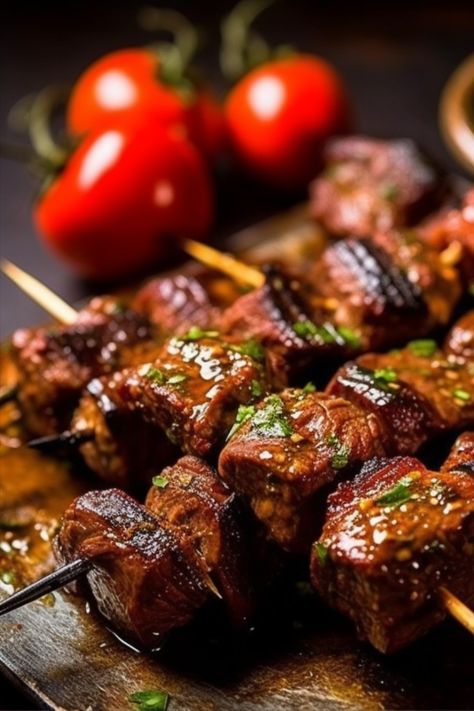 A popular tapas dish in Spain. This flavorful dish features tender cubes of beef marinated in a delicious blend of spices and grilled to perfection. The marinade infuses the meat with rich, aromatic flavors, creating a mouthwatering experience. Kebab Recipes Beef, Air Fryer Steak Bites, Salmon Bites Recipe, Easy Tart Recipes, Spicy Steak, Steak Bites Recipe, Beef Kebabs, Air Fryer Steak, Beef Skewers