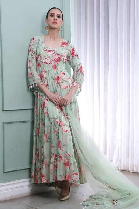 Floral Anarkali, Anarkali With Dupatta, Shadi Dresses, Printed Anarkali, Casual Luxe, Desi Wear, Green Floral Print, Lehenga Designs, Indian Fashion Designers