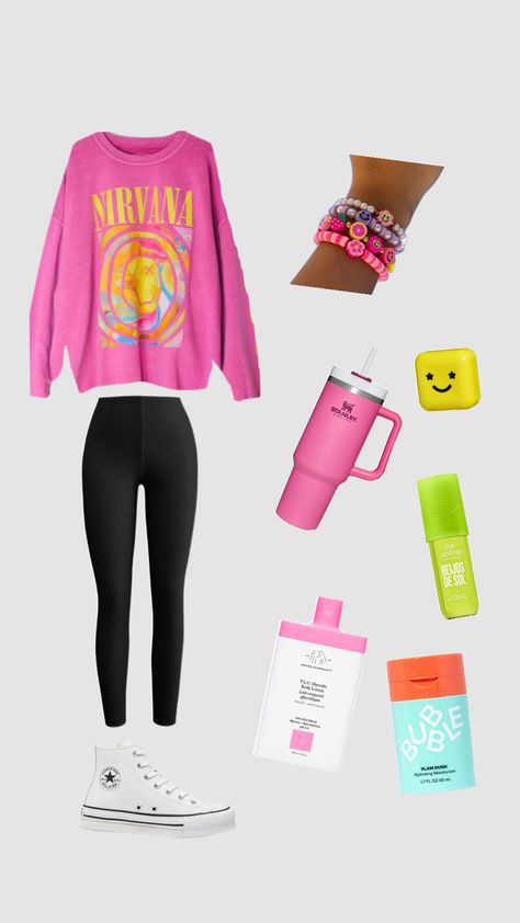 🩷preppy🩷 #beauty #preppy #skincare #drunkelephant #soldejaneiro #bubble #nirvana #converse #aeshetic Nirvana Sweater Outfit, Outfits With Nirvana Sweatshirt, Pink Nirvana Sweatshirt Outfit, Preppy Nirvana Shirt, Preppy Nirvana, Nirvana Shirt Outfit, Nirvana Outfit, Nirvana Smile Overdyed Sweatshirt, Nirvana Shirt