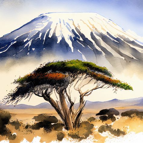 Mount Kilimanjaro watercolor painting Mount Kilimanjaro Art, Mount Kilimanjaro Painting, Kilimanjaro Painting, Kilimanjaro Tattoo, Africa Watercolor, Kilimanjaro Mountain, Watercolour Landscapes, Africa Painting, Animal Photography Wildlife