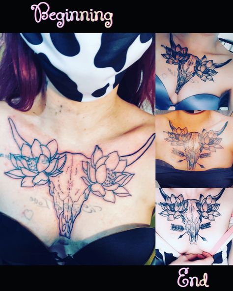 Love my chest tattoo the bull(skull) is for my sign (taurus) Bull Head Chest Tattoo, Bull Skull Chest Tattoo Female, Taurus Chest Tattoo, Bull Skull Tattoo, Bull Skull Tattoos, Chest Tattoos For Women, Bull Skull, Chest Piece, The Bull