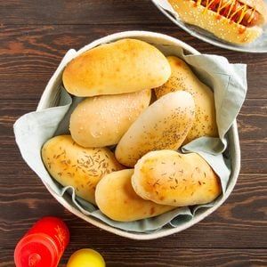 Triple Mustard and Gruyere Bread Thins Recipe: How to Make It Spoon Rolls Recipe, Homemade Hot Dog Buns, Hot Dog Buns Recipe, Honey Mustard Dip, Popover Recipe, Mustard Dip, Cream Cheese Coffee Cake, Baking Buns, Yeast Rolls