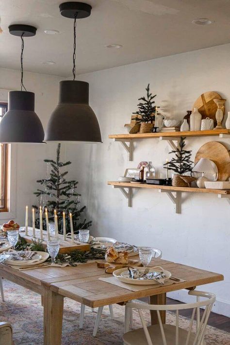 Raw Wood Table, Giant Candle, Dining Room Christmas Decor, Modern Farmhouse Dining Room Decor, Boho Dining Room Decor, Dining Room Christmas, Simple Dining Room, Room Christmas Decor, Boho Dining Room