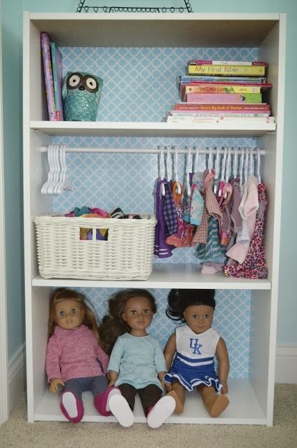 Doll Clothes Storage Ideas, American Girl Storage, Clothes Storage Ideas, Doll Organization, Kids Clothes Storage, Style Bookshelf, Doll Storage, Baby Clothes Storage, Doll Closet