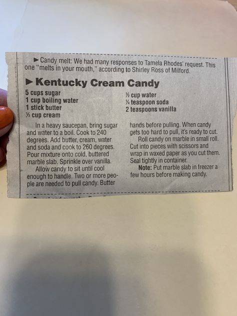 Cream Pull Candy Recipe, Cream Candy Recipe Kentucky, Kentucky Pulled Cream Candy, Old Fashion Candy Recipe, Kentucky Cream Pull Candy, Vintage Candy Recipes, Pulled Candy Recipe, Cream Candy Recipe, Kentucky Foods