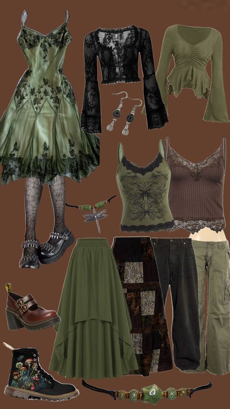 goblincore- femme version #goblincore #goblincoreaesthetic #fairygrunge #fairygrungecore #fashion #femmefashion Punk Fairy Costume, Hippy Witch Outfits, Druidcore Aesthetic, Fall Fairycore Outfits, Fairygrunge Clothes, Whimsical Fairycore Outfit, Fairycore Lookbook, Swamp Witch Aesthetic Fashion, Fairygrunge Outfit Ideas