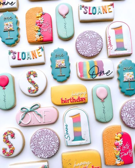 Sloane is O N E! 🩷 These bright and colorful cookies were such a good idea for a venue with black walls. It was a fun contrast and really … | Instagram Colorful Birthday Cookies, Two Cool Cookies, Birthday Decorated Cookies, Colorful Cookies, Decorating Cookies, Sugar Cookie Designs, Colorful Birthday, Muted Color Palette, Cookie Inspiration