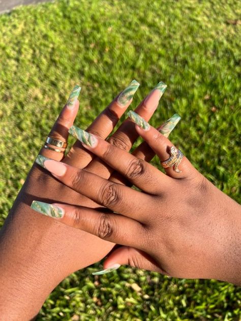 Cool and Calm: Mint Green Nail Designs for Dark Skin Enthusiasts Green Gold Marble Nails, Dark Emerald Green Nails Acrylic Coffin, Blue And Green Marble Nails, Emerald Green Coffin Nails, Green And Gold Marble Nails, Emerald Marble Nails, Emerald Green Marble Nails, Dark Green Marble Nails, Emareld Green Nails