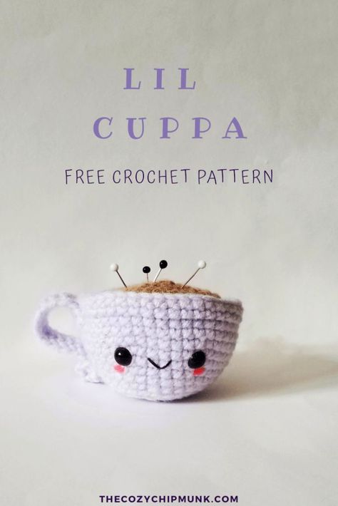 Lil Cuppa, a free crochet amigurumi pattern. Makes a great play cup of tea/coffee and pin cushion. Designed by @thecozychipmunk Coffee Amigurumi, Easy Amigurumi Free Pattern, Crochet Cuddler, Crochet Tea Cup, Practical Crochet, Crochet Pincushion, Monster Crochet, Crochet Critters, Easy Amigurumi