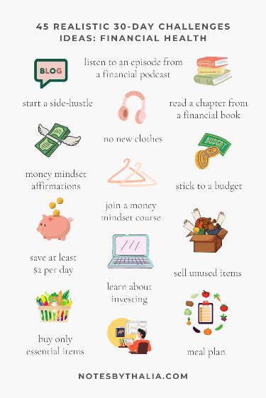 45 Realistic 30-Day Financial Wellness Challe 30 Day Challenge Ideas Fun, Wellness Challenge Ideas, Event Organizer Planners, Financial Challenge, Business Planner Organization, Lifestyle Challenge, Challenge 30 Day, Bill Planner, Wellness Challenge