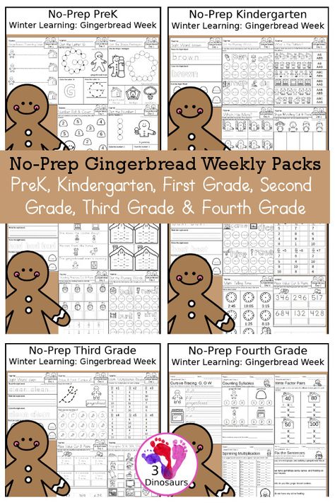 No-Prep Gingerbread Themed Weekly Packs for PreK, Kindergarten, First Grade, Second Grade, Third Grade & Fourth Grade with 5 days of activities to do for each grade level - These are great for activities to do this winter with a gingerbread house and gingerbread men to have fun while learning - 3Dinosaurs.com Gingerbread Math Kindergarten, Gingerbread Man Math Activities, Gingerbread Worksheets, Gingerbread Man Math, Preschool Gingerbread, Kindergarten Christmas Activities, Gingerbread Man Unit, Gingerbread Math, Kindergarten Christmas Crafts