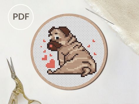 Pug Cross Stitch Pattern, Pug Cross Stitch, Cross Stitch Dog, Dog Chart, Pug Cross, Ugly Dogs, Dog Embroidery, Pug Gifts, Animal Cross Stitch Patterns