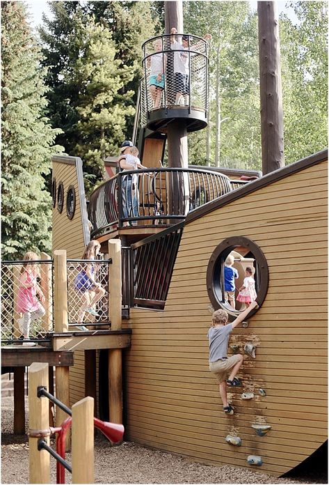 Pirate Ship Playground, Pirate Playground, Ship Playhouse, Pirate Ship Playhouse, Kid Playground, Courtney Wilson, Play Fort, Vail Village, Backyard Pool Landscaping