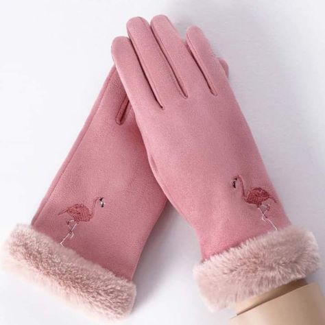 Embroidery Gloves, Flamingo Embroidery, Flamingo Outfit, Cartoon Gloves, Flamingo Fashion, Touch Screen Design, Elegant Gloves, Flamingo Theme, Gloves Design