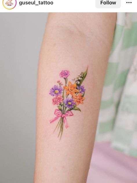 Birth Flower Tattoos Bouquet Color, Colorful Flower Bouquet Tattoo, Color Birth Flower Tattoo, Birth Flower Tattoos Ideas Families Forearm, Flower Bouquet Tattoo Color, Gladiolus Poppy, Birth Flower Tattoos Placement, Month Tattoos, Tattoo Bouquet