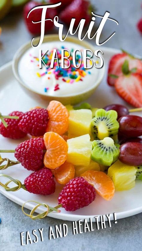 This recipe for fruit kabobs is a rainbow of fruit served on skewers with a yogurt dipping sauce. Student Teacher Graduation, Charcuterie Skewers, Rainbow Fruit Kabobs, Fruit Tower, Yogurt Dipping Sauce, Healthy Snack For Kids, Thanksgiving Fruit, Easter Fruit, Fruit Appetizers