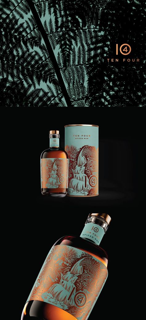 SingleDouble - Ten Four Rum – Kim Clifford Distillery – Ten Four Rum was inspired by the special places to savour the fading warmth of the day with a superb drink in hand. A drink conceived as both a celebration of New Zealand’s natural beauty and a tribute to the great people we get to share it with. – #packagingdesign #illustration #graphicdesign #branddesign #worldbranddesign Turquoise Color Scheme, Great People, Spiced Rum, Copper Foil, Back To Basics, Color Help, Simple Pleasures, A Drink, Turquoise Color