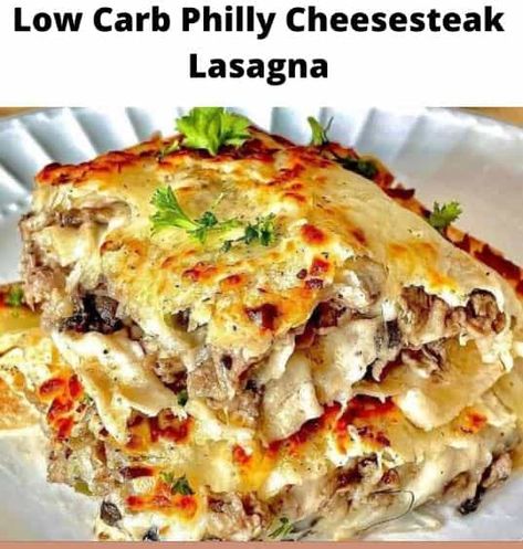 Low Carb Philly Cheesesteak Lasagna - Kizios Recipes Keto Philly Cheesesteak Lasagna, Low Carb Philly Cheesesteak Lasagna, Low Carb Taco Lasagna, Low Carb Steak Recipes, Philly Cheesesteak Lasagna, Keto Philly Cheesesteak Casserole, Casserole Dinners, Low Carb Flatbread, Philly Cheese Steak Casserole