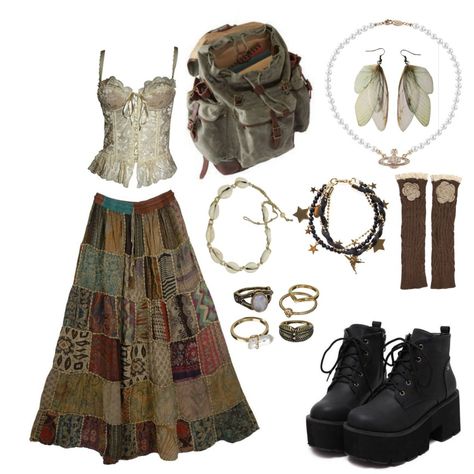 Outfits inspo fairycore Mystic Archetype Aesthetic Fashion, Clothing Boards Outfits, Woodsy Outfit, Earth Outfits, Cottagecore Fits, Hippie Outfit Inspo, Whimsical Clothes, Effy Stonem, Indie Clothes