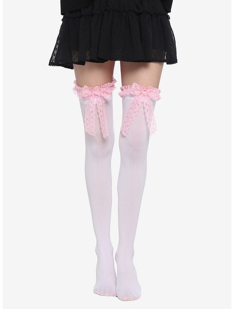 Pink Lace Bow White Thigh Highs Pink Thigh Highs, Lace Ruffle Skirt, Fem Fashion, White Thigh Highs, White Stockings, Awesome Outfits, Thigh High Stockings, Lace Bows, Lace Ruffle