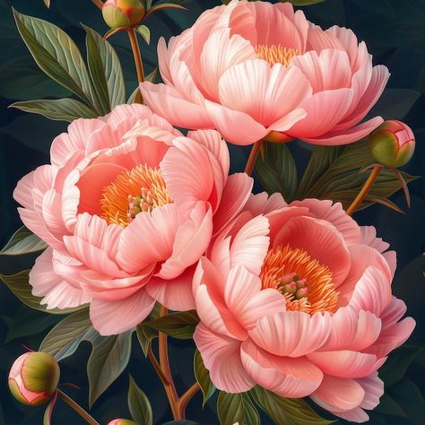 Hyper Realistic Illustration of Pink and Orange Peonies on Dark Background Seamless Pattern  ✨ Digital Seamless Pattern for Artists, Creatives and Hobbyists. ✨ 300 dpi  #seamless pattern #peonies #floral #orange #textile #freepik Orange Flowers Illustration, Orange Peonies, Orange Peony, Peony Illustration, Peony Pattern, Facebook Post Design, Realistic Illustration, Print Ideas, Orange Background