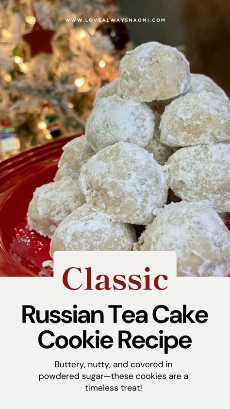 Christmas tree in the background and Russian Tea Cake cookies sitting on a red platter. Russian Tea Cakes Cookies, Russian Tea Cakes Recipe, Classic Christmas Cookies, Cookie Recipes Easy, Russian Tea Cookies, Russian Tea Cakes, Easy Dessert Recipes Christmas, Tea Cake Cookies, Russian Tea Cake