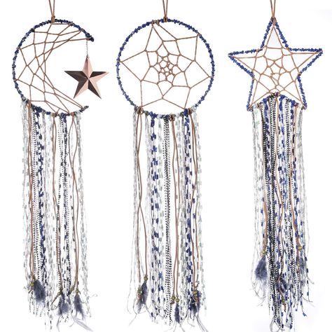 PRICES MAY VARY. What you will get: 3 pieces dream catches in same sizes and colors, beautiful design, feature moon, sun and stars shape, novel and adorable, will add visual appeal, beautiful and attractive decorative supplies Reliable material: the dream catcher decors are made of quality faux leather rope, line, feather, wood beads, metal hoop and star, durable and won't fade, not easy to break and deform, durable to serve you for long time Dream catcher: nightmare passes through the holes and Moon Sun And Stars, Stars Shape, Modern Dream Catcher, Blue Dream Catcher, Beautiful Dream Catchers, Dream Catcher Decor, Stars Craft, Dream Catcher Diy, Moon Sun