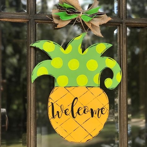 Welcome Pineapple Door Hanger. $30 shipped. Comment SOLD and email address. #pineapple #welcome #southernhospitality #southern #doorhangers #dressyoursoor #gift. **SOLD** Pineapple Door Hanger, Summer Door Decor, Summer Door Hanger, Hello Sign, Closing Gift, Southern Hospitality, Closing Gifts, Adult Crafts, Hello Summer