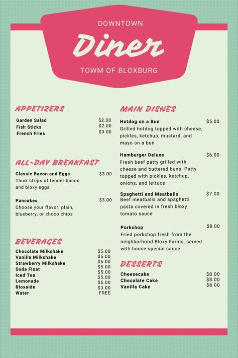 (!!!SWIPE TO SEE THE MENUS CLEARLY) Use these menu decals for your bloxburg diner! I added descriptions for some parts of the menu for more fun and realism (: ENJOY! Always feel free to request! #roblox #bloxburg #bloxburgdecals #decals #bloxburgrestaurant #bloxburgmenu #bloxburgdiner #robloxdecals Bloxburg Diner, Decals For Bloxburg, Resturant Menu, Restaurant Layout, Diner Menu, Diner Sign, Preppy Decal, Diner Restaurant, House Decals