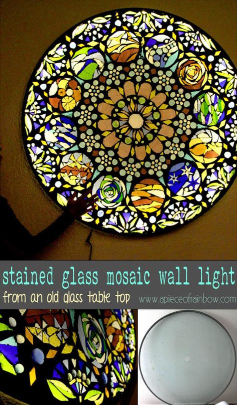 Make Stained Glass Mosaic Wall Light Stained Glass Mosaic Diy, Ceiling Lampshade, Glass Patio, Diy Staining, Glass Table Top, Mosaic Stained, Making Stained Glass, Diy Upcycle, Stained Glass Diy