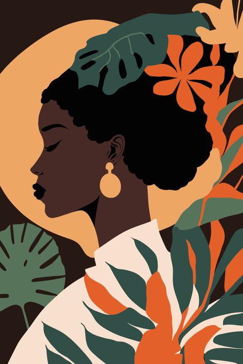 Hair Wall Art, Hair Wall, Woman With Curly Hair, Wall Art Matisse, Art Matisse, American Woman, African American, Curly Hair, Vector Illustration