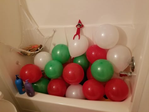 Elf On The Shelf Bathtub Ideas, Elf On The Shelf Bathtub, Elf Stuffed Balloons, Elf On The Shelf Taking A Bath, Elf On Shelf Bathtub, Elf Inside A Balloon, Elf Bathtub, How To Make Your Elf On The Shelf Pregnant, Elf On Shelf