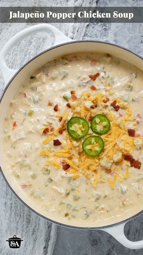 Jalapeno Popper Chicken Soup in a large white Dutch oven. Chicken Popper Soup, Creamy Jalapeno Soup, Creamy Jalapeño Soup, Jalapeño Chicken Soup, Jalapeño Popper Soup, Jalapeno Popper Chicken Soup, Popper Soup, Soup Swap, Chicken Soup Base